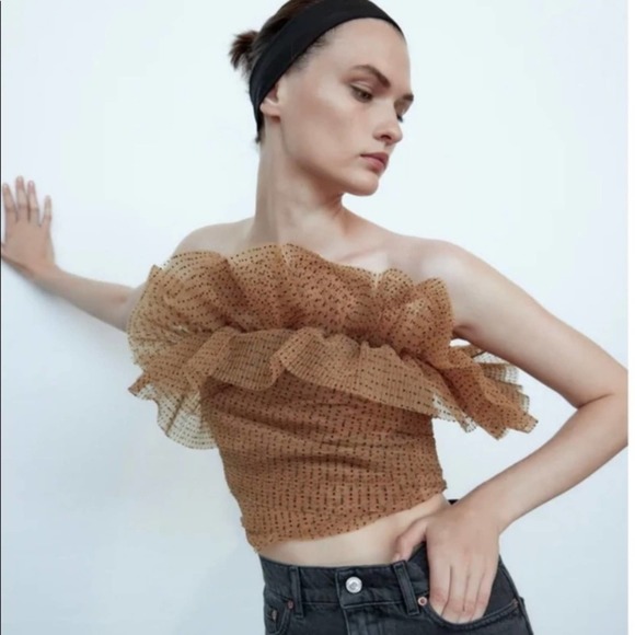 NWT Zara Nude Polka Dot Tulle Ruffle Top Size XS - Picture 1 of 11